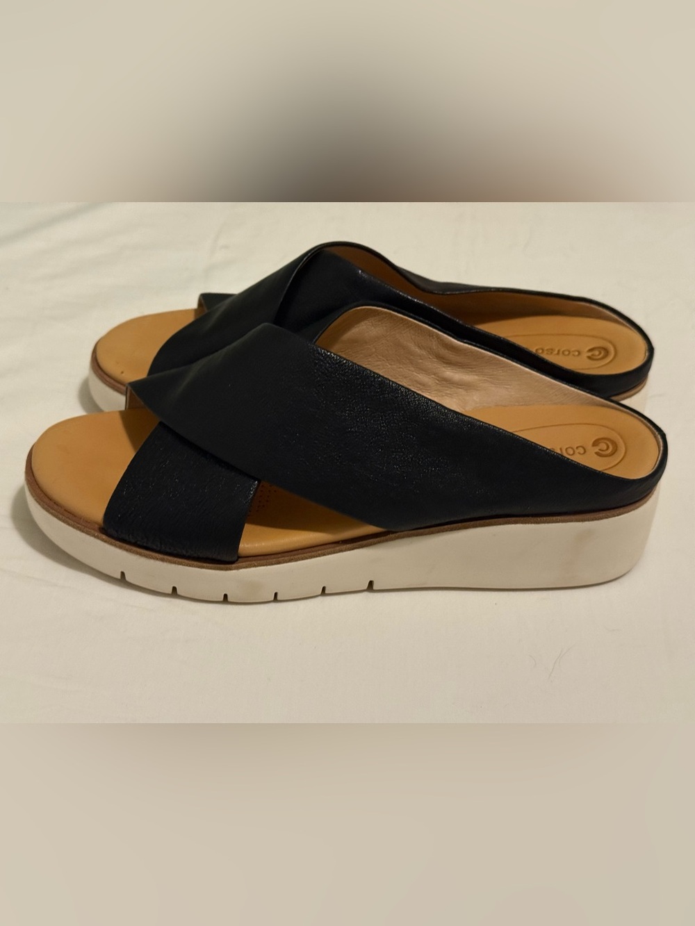 Corso Como Brunna Black Leather Cross-strap Wedge Slide sz 9 - Picture 6 of 9